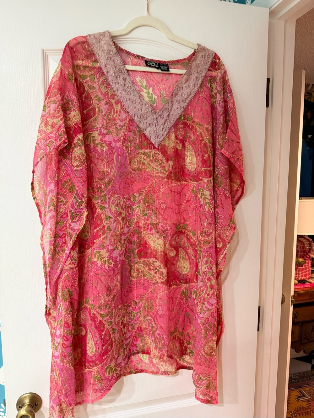 Boho Sheer Paisley Cover-Up Tunic Pink Metallic Lurex Free Size Made in India
